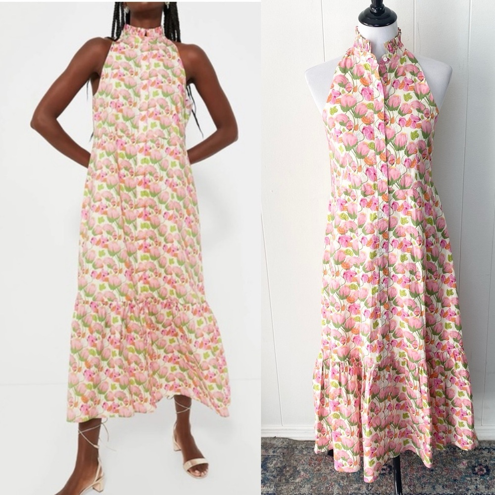 Hyacinth House Tukernuck Pink Tulip Floral Tess Maxi Dress‎ Size XXS High Neck